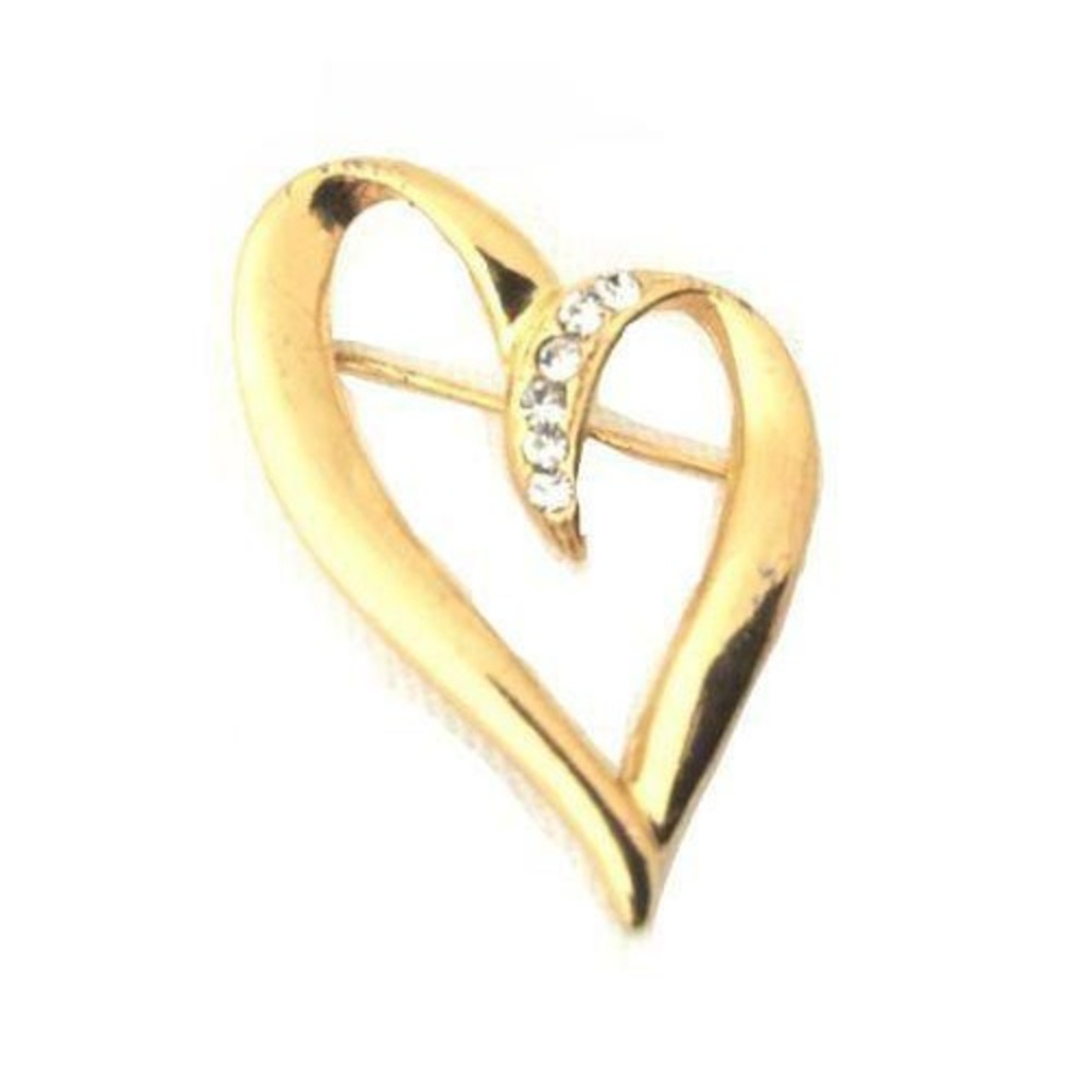 Vintage Gold Plated Pretty Abstract HEART‎ Clear Rhinestone Brooch Pin*LOVE